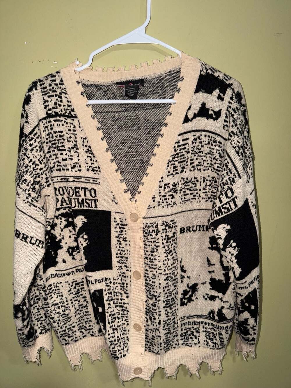Runway Newspaper Print Distressed Knit Cardigan Sweater